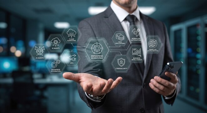 Tech professional presenting a holographic Artificial Intelligence Platform and multi-agent systems dashboard.