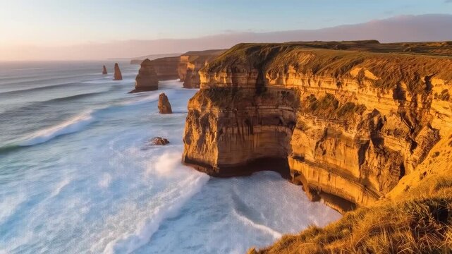 Rugged Coastal Cliff Ocean Sea Stack Surf Sunset Golden Light Landscape