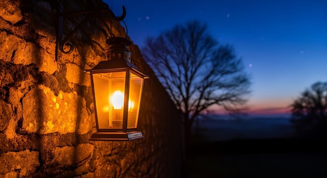 Vintage wall lantern glowing on a stone wall at sunset with twilight, exterior