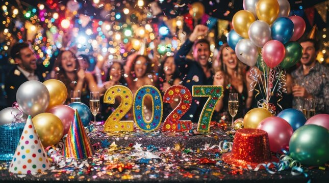Happy New Year Group of happy people celebrating new year 2027 with colorful balloons and confetti in dark party room with festive bright lights 2027
