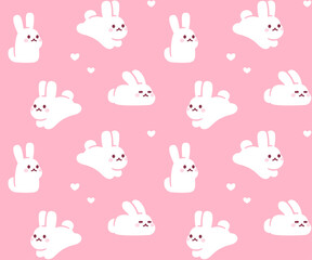 Obraz premium Cute cartoon rabbit pattern on pink background, baby girl color. Simple, adorable hand drawn white bunnies in different poses. Vector illustration.