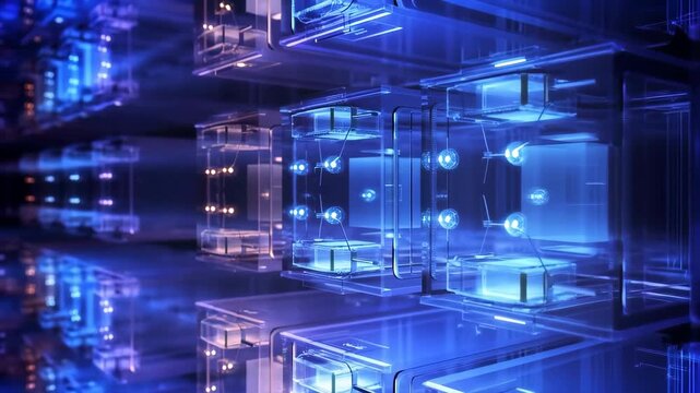 60 FPS futuristic server corridor with glowing blue data nodes and transparent rack modules dolly move