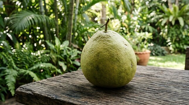 Fresh pomelo fruit sitting on a rustic wooden table in a garden