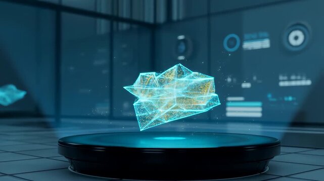 60 FPS Futuristic hologram crystal data model rotating above circular platform in sci fi lab