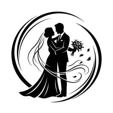 Elegant wedding couple silhouette illustration featuring bride and groom embracing inside circular floral frame