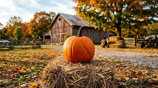 Orange pumpkin on a hay bale at a rustic farm during autumn harvest season