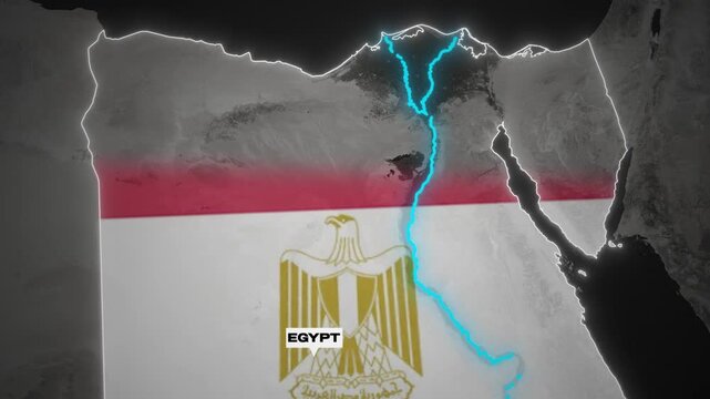 Egypt map animation with national flag and glowing Nile river