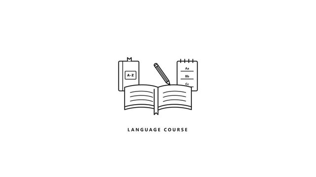 Minimalist language course icons with books and pencils on white