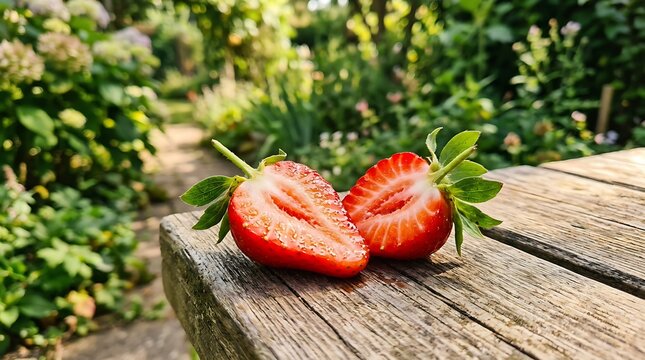 Fresh halved strawberries on a rustic wooden table in a sunny garden
