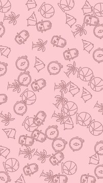 Pink pattern with beach balls, palm trees, tents, compasses  summer vacation icons. Ideal for travel posters, vacation websites, marketing materials.
