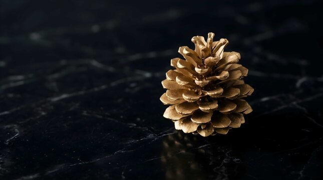 Luxury Golden Pinecone Decoration on Elegant Black Marble Surface with Dark Background