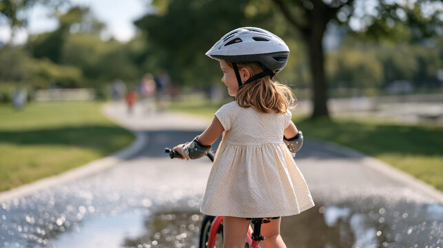 A young girl walking her bicycle slowly toward a smooth park path, helmet on, elbow pads adjusted, pausing to look at a puddle ahead, cautious decision making, child safety