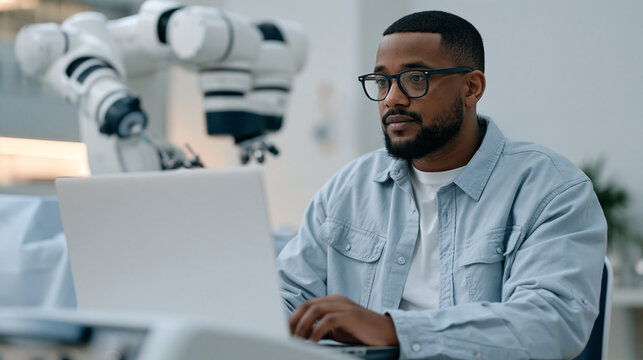 Ethiopian biomedical engineer programming surgical robot console in simulation training suite, robotic arm in sterile drape practicing suture task, minimally invasive surgery