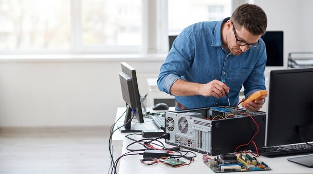 Man repairing computer hardware in an office setting.