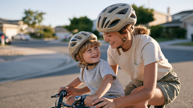 Wide view of a paved cul de sac where a teenage girl coaches her younger brother on a first pedal bike attempt, both wearing matching helmets, spotter technique, sibling