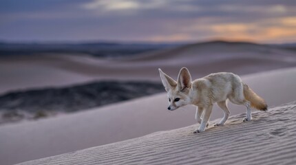 Fototapeta premium A fennec fox walking across the soft sand dunes of the Sahara desert during the golden sunset