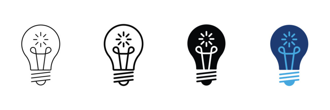 Four light bulb icons in different styles including thin line, bold outline, solid black, and blue vector design