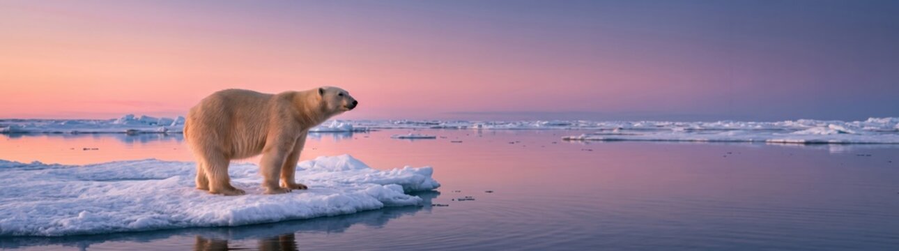 A polar bear standing on a floating ice floe in the arctic ocean, surrounded by calm water and distant icebergs under a soft pink and purple sunset sky