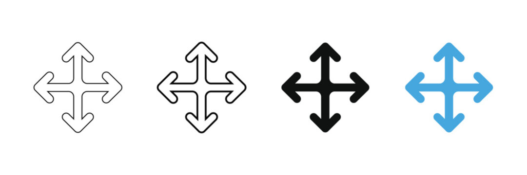Fourway arrow icons in different styles for web design and user interface navigation