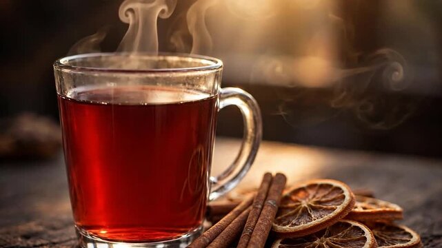 Steam rising from a glass mug of mulled wine with cinnamon sticks and dried orange slices in warm backlight, cozy Christmas close-up video