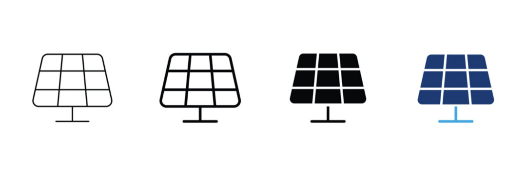 Solar panel icons in different styles, flat, outline and solid design, renewable energy concept