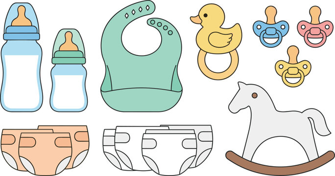Baby Care and Newborn Accessories Vector Collection featuring Feeding Bottles Silicone Bib Pacifiers Rubber Duck Teether Diapers and Rocking Horse Toy