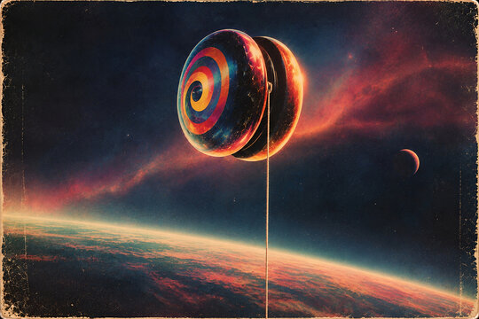 Cosmic Yo-Yo retro sci-fi album cover with a colorful toy floating above a glowing planet