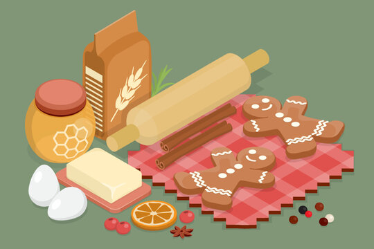 Cookie baking ingredients. Gingerbread, honey, flour, cinnamon, rolling, eggs, butter. New Year and Christmas 3d flat isometric vector illustration.