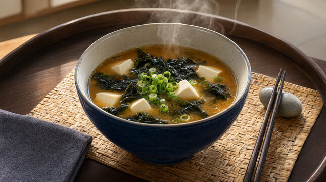 Steaming miso soup with tofu, seaweed and green onions in Japanese bowl