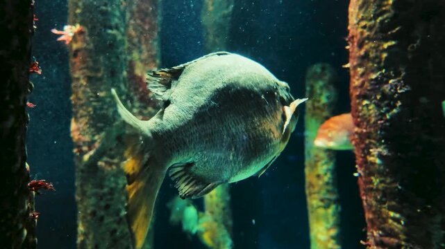 水族館の水槽で木の杭の間を泳ぐ大きな魚 クローズアップ