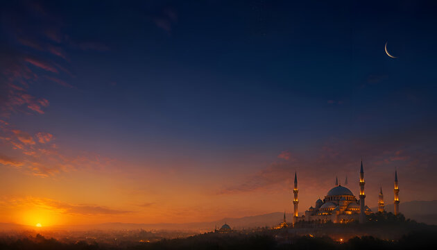 Mosque silhouette at sunset during golden hour sky with crescent moon architecture religion landscape building religious peaceful beautiful