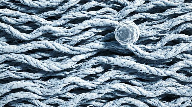 Connective tissue fibers arranged in an orderly biological structure, with one spherical immune cell slowly moving nearby