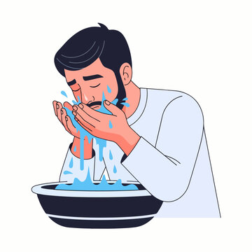 Man Washing Face with Water in Bowl Islamic Ablution Concept