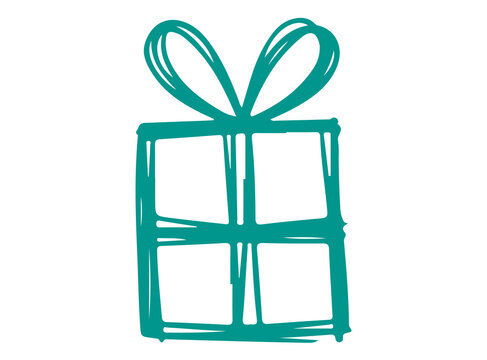 Teal gift box icon hand drawn present sketch for Christmas celebration