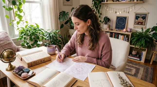Woman studying astrology and natal charts at a wooden desk in a cozy sunlit home office space