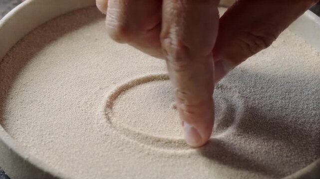 Fingertip tracing a spiral in fine sand