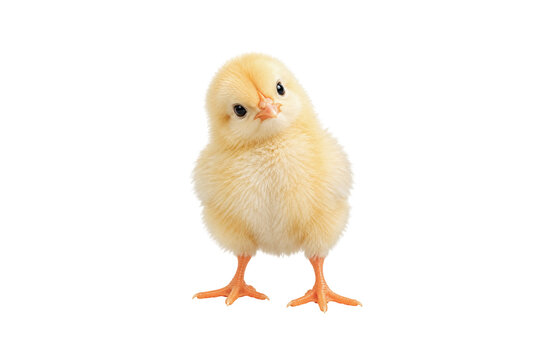 Cute fluffy yellow baby chick standing with its head tilted, full body isolated on white background, adorable young farm bird with soft feathers and orange beak.