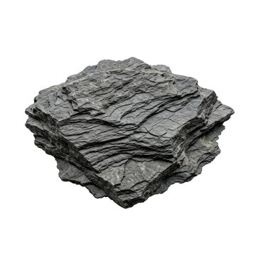 Dark Gray Slate Rock Fragment Isolated on Black Background, Stone Texture, Photo-realistic
