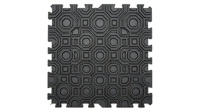 Black geometric rubber floor tile with industrial pattern isolated on white background