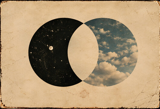 Parallel days retro vintage album cover depicting night and day with overlapping cosmic and cloudy circles