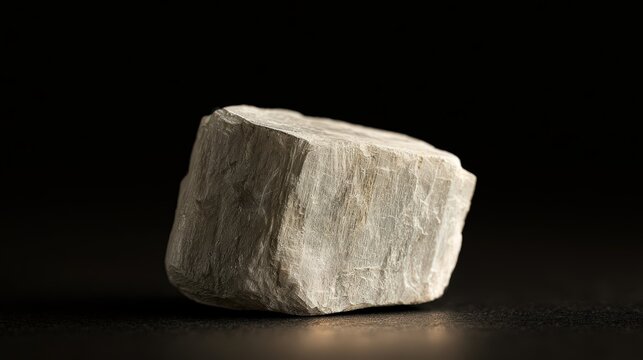 Extreme macro of chunky blocky pale cream white barium mineral with vertical striations, splintery fibers and stepped cleavage planes on dark surface and black background