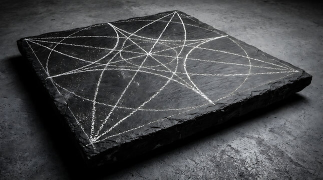Sacred geometry symbol drawn on dark slate stone with white chalk, occult ritual background, arcane knowledge.
