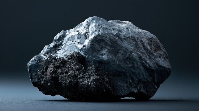 Extreme macro of large lumpy dark germanium metal chunk with steel blue crinkled texture and black glittering slag grains on deep navy blue background