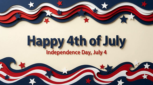 Happy 4th of July Independence Day layered papercut banner with patriotic red white and blue waves and stars