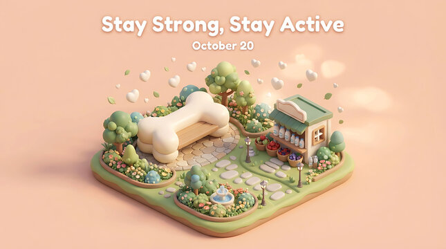Charming 3D isometric diorama of a wellness park with a large bone bench, small shop, trees, and floating hearts