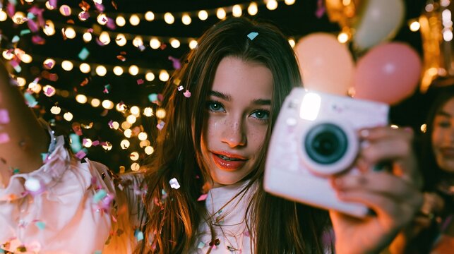 Teenage girl taking a selfie with a polaroid-style instant camera at a birthday party, flash