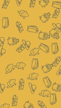 Fun and vibrant pattern design featuring travel suitcase icons, summer hats, and acorn shapes on a sunny yellow background. Perfect for summerthemed products or travelrelated materials.