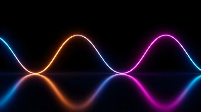 Single sinusoidal wave line transitioning from orange to magenta light on dark reflective surface map.