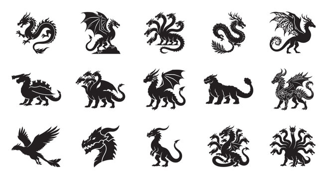Mythical dragon silhouette icons, 15 black fantasy creature vector elements, medieval hydra and wyvern monster set for gaming and heraldry