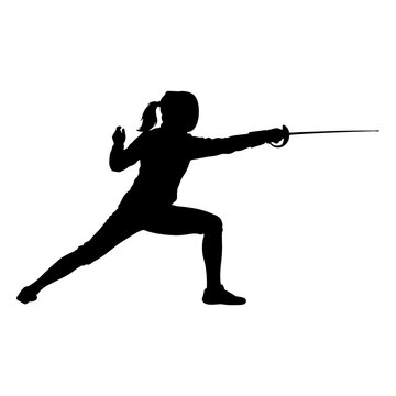 Fencer performing competitive lunge in athletic stance with foil sword